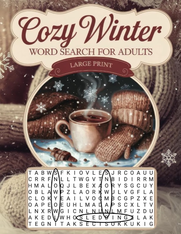 Cozy Winter Word Search for Adults, by Wordsby Davis. Front cover.