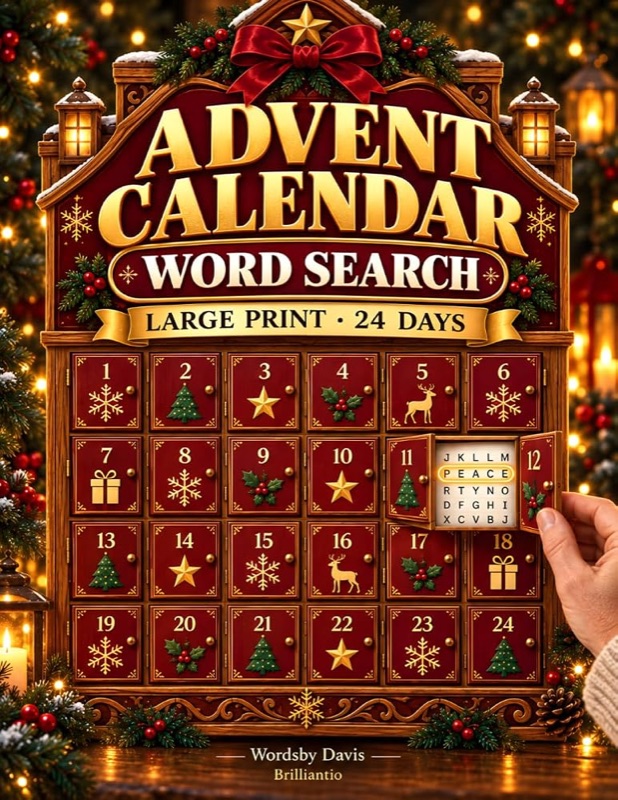 Word Search Advent Calendar, by Wordsby Davis. Front cover.